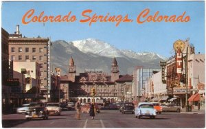 Pikes Peak Avenue, Colorado Springs, Colorado, Vintage Chrome Postcard, Old Cars