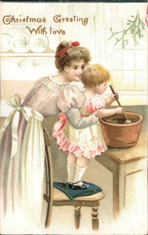 Christmas Mother and Child Cooking in Kitchen c1910 Vintage Postcard