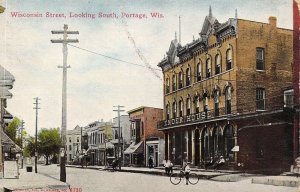 c.1911, Wisconsin St, Looking South, Bicycle, Horse,Portage,WI,Msg, Old Postcard