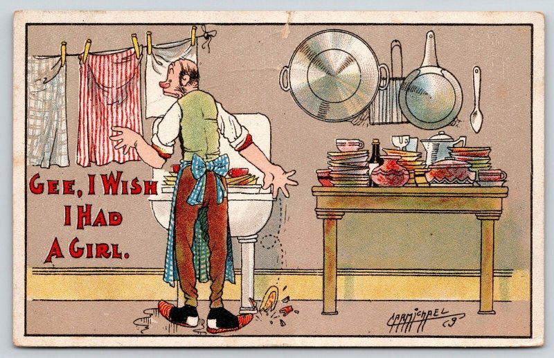 Carmichael Comic~Gee I wish I Had a Girl~Bachelor Does Dishes~1910 Postcard