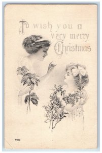 1912 Christmas Mother And Daughter Poinsettia Flowers Holly Berries Postcard 