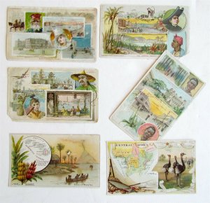 COFFEE ADVERTISING SET of 6 ANTIQUE VICTORIAN WORLD TRAVELERS TRADE CARDS