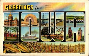 c1943 Postcard IA Greetings From IOWA LARGE Letter Card