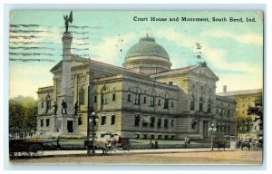 1914 South Bend IN. Carriages Outside Court House and Monument IN Postcard 