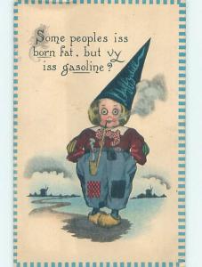 Pre-Linen BOY SMOKING LONG TOBACCO PIPE IS WEARING DAFFYDILL DUNCE CAP HJ4244