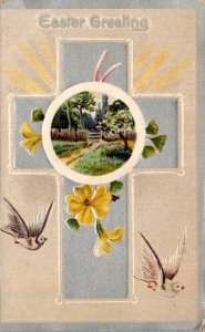 Easter Greetings With Silver Cross and Flowers