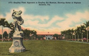 Vintage Postcard Ringling Plaza Art Museum Statue Of Neptune Sarasota Florida FL