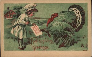 Thanksgiving Fantasy Little Boy Chef Tricks Turkey c1910 Vintage Postcard