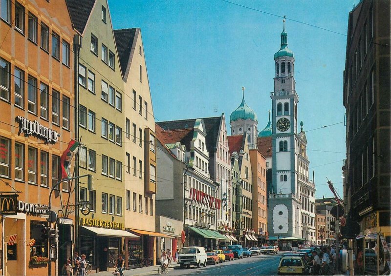 Postcard Germany augsburg karolinestrasse mit street view tower clock cars