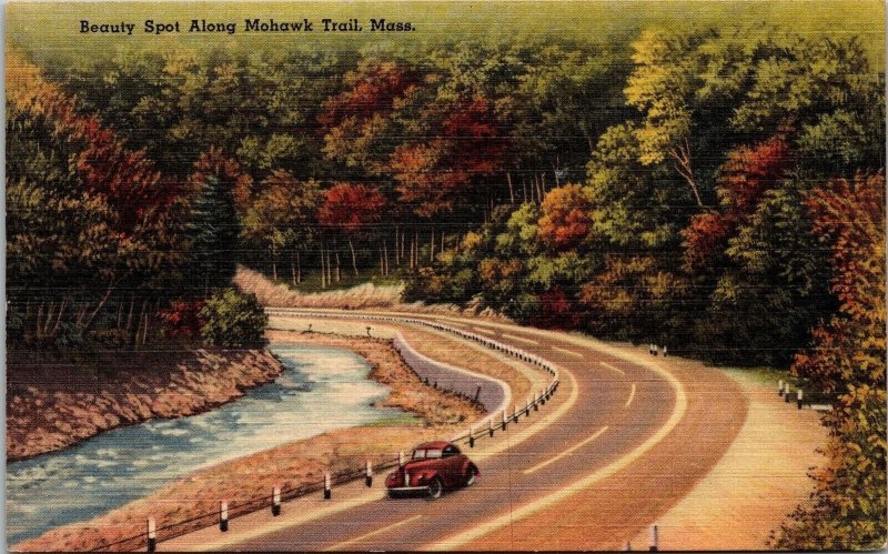 Beauty Spot Mohawk Trail Highway Car Massachusetts MA Linen Postcard Unused UNP 