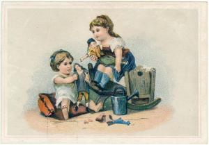 Vintage Greeting Card Girls Playing with Dolls