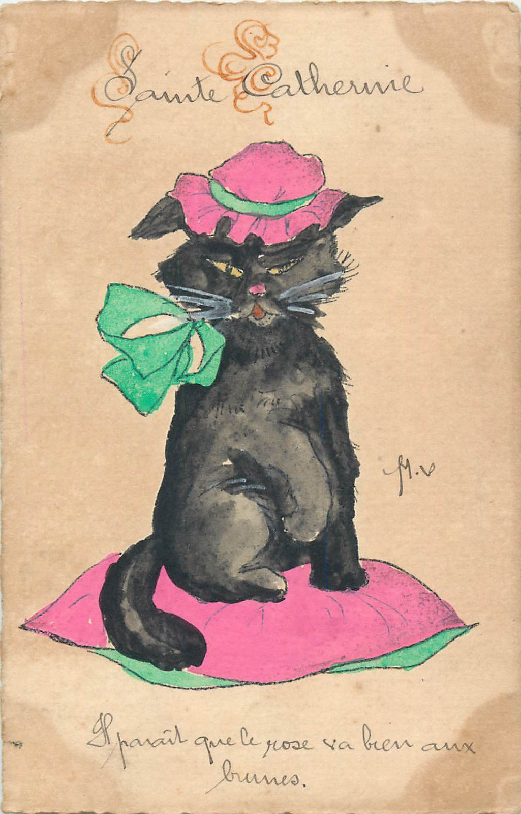 Sainte Catherine Greetings Handmade Painted Black Cat Fantasy Chat Noir Cpa Hippostcard