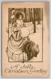 Christmas Greetings Victorian Woman In Forest With Turkey Postcard T29