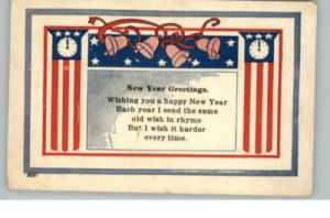 Patriotic New Year Bells Clocks c1910 Postcard