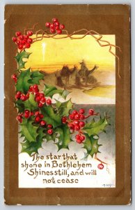 Holiday~R Hall Signed~Christmas Star In Bethlehem~Holly Berries~PM 1909 Postcard