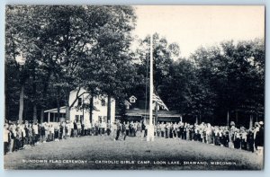 Shawano Wisconsin Postcard Sundown Flag Ceremony Catholic Girls Camp c1960s Flag