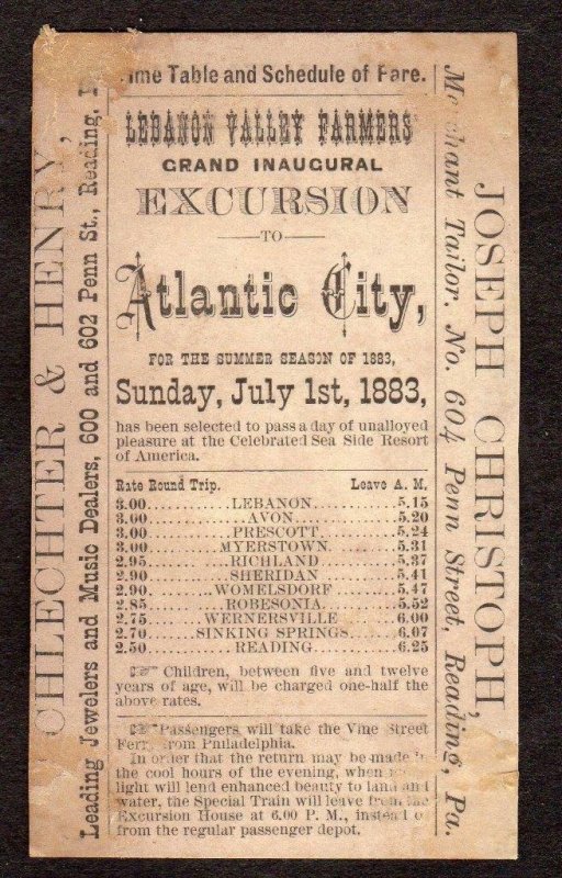 LEBANON VALLEY FARMERS EXCURSION TIME TABLE*ATLANTIC CITY*DIVES POMEROY STEWART