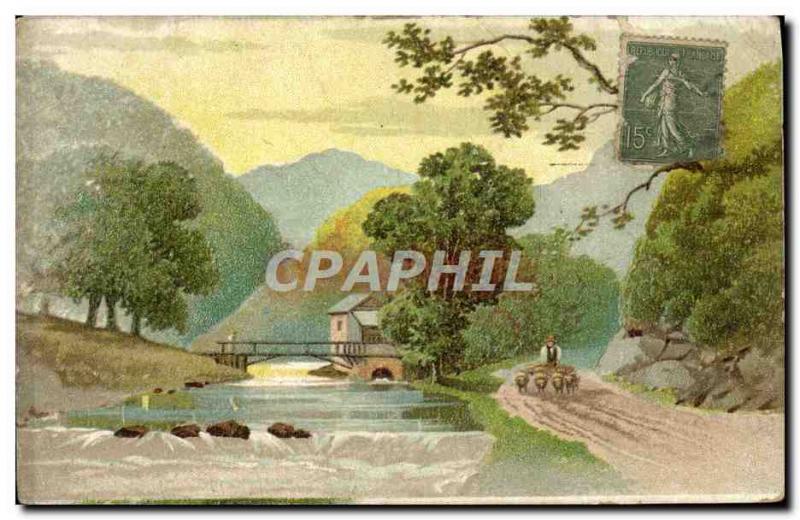 Old Postcard Fancy Shepherd Sheep water mill