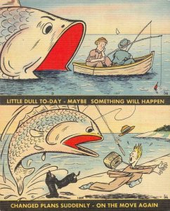 Two FISH EXAGGERATION COMICS   When Fish Attack   *2* c1940's Linen Postcards