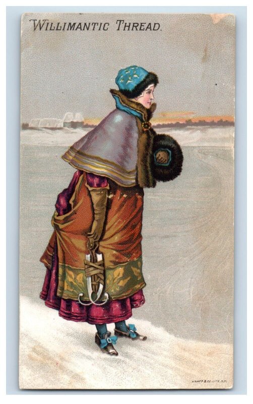 1880s Willimantic Thread Winter Scene Lovely Woman Ice-Skates Frozen Lake P105 