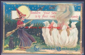 Halloween, Samson Brothers Gelatin No 0624-3, Witch Finds Ghost Around Cauldron