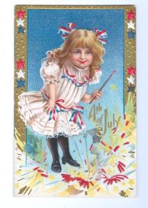 LP28  4th July Fourth postcard, girl, fireworks