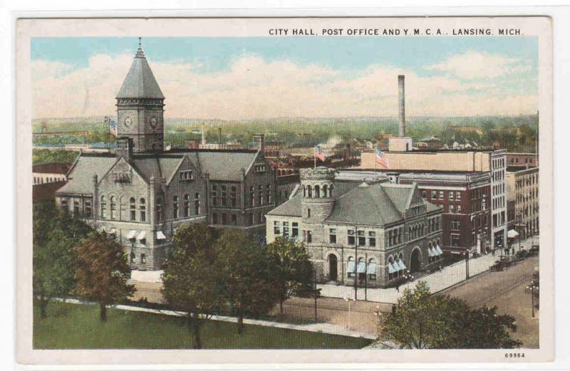 City Hall Post Office YMCA Lansing Michigan 1920s postcard