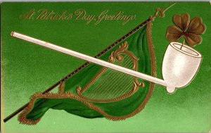 St. Patrick's Day Souvenir, Pipe, Flag, Shamrock Embossed Vintage Postcard N73