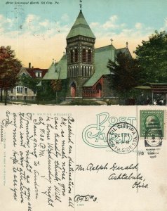 OIL CITY PA FIRST EPISCOPAL CHURCH 1910 ANTIQUE POSTCARD w/ CORK CANCEL