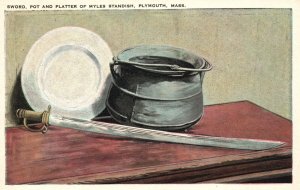 Vintage Postcard Sword Pot & Platter of Myles Standish Plymouth Massachusetts MA