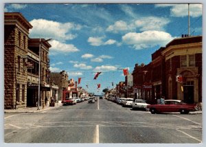 24 Street At 2 Avenue, Fort Macleod, Alberta, 1960s Chrome Postcard, Old Cars