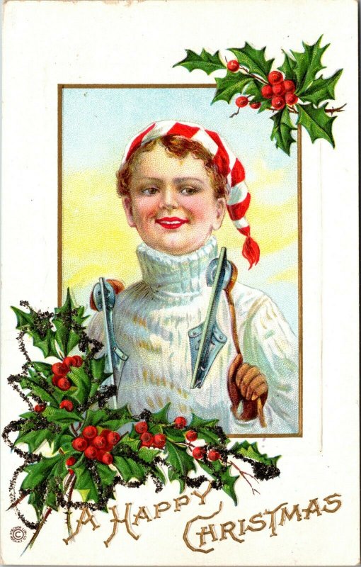 A HAPPY CHRISTMAS POSTCARD YOUNG GIRL DRESSED FOR ICE SKATING HOLDING SKATES