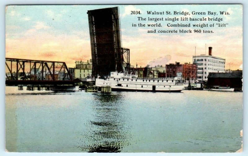 GREEN BAY, Wisconsin WI ~ WALNUT STREET BRIDGE Largest Bascule 1912 Postcard