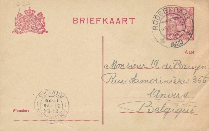 Netherlands 1920 Roosendaal Cancel Post Card to Antwerp, Belgium  Ref 45582 