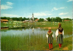 Postcard Sweden Dalarna Sarna Church & Camping Site Girls in Costumes 1970s K56