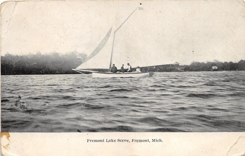 Fremont Michigan~Fremont Lake Scene~Men Riding in Sailboat~1908 Postcard