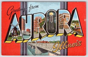 GREETINGS FROM AURORA ILLINOIS VINTAGE LARGE LETTER LINEN POSTCARD