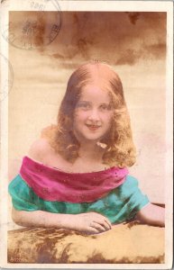 VINTAGE POSTCARD PRETTY SMILING GIRL REFLECTIVE MATERIAL BASSANO ALBERTA 1909