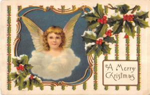 Christmas Greeting Angel Face In Clouds With Holly Design Antique PC V14752