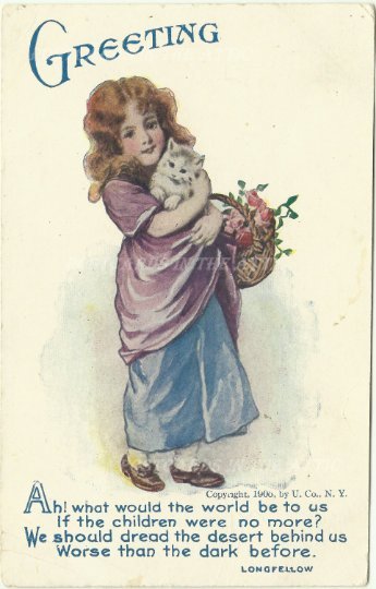 Victorian Girl with Cat / Kitten and Roses in Basket Verse Longfellow