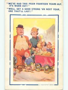 Unused Bamforth comic signed COUPLE WITH MANY CHILDREN IN BABY CARRIAGE J3844