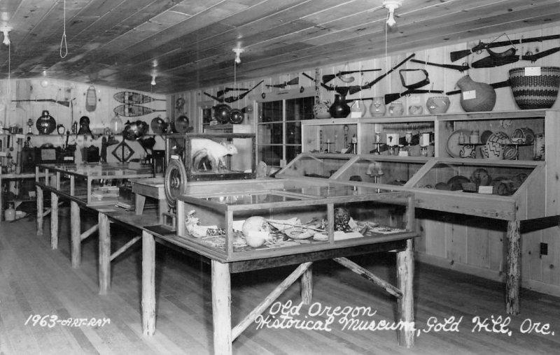 RPPC Gold Hill, Oregon Historical Museum Indian Baskets Rifles ca 1940s Vintage