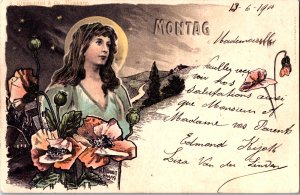 Art Nouveau Artist Signed H. Frundt Montag Lady Vintage Postcard 09.59