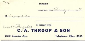 1938 C.A. THROOP & SON COATS-DRESSES CLEVELAND OHIO BILLHEAD STATEMENT Z1346