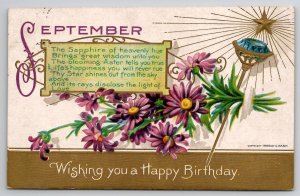 Birthday Greeting September Sapphire Birthstone and Aster E. Nash Postcard L37