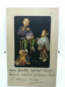 Chinese Children eating Rice from Bowls Vintage Antique Postcard 1904