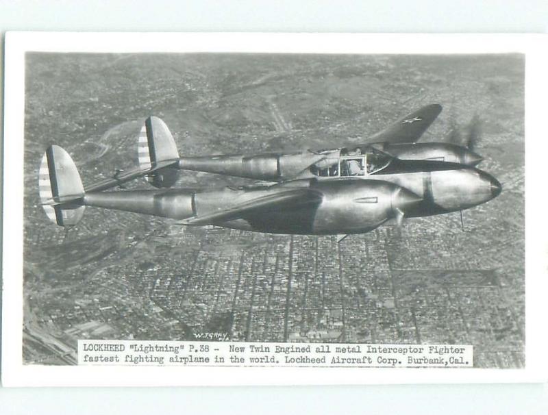 Pre-1950 rppc LOCKHEED LIGHTNING P-38 AIRPLANE Burbank - Los Angeles CA i9924