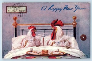 New Year Postcard Anthropomorphic Chicken Rooster Breakfast In Bed Oilette Tuck