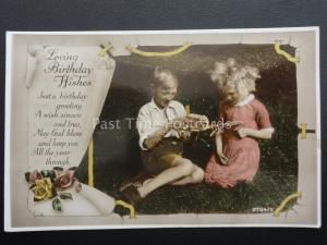CHILDREN PLAYING WITH A MODEL AEROPLANE Birthday Greeting Old RP Postcard