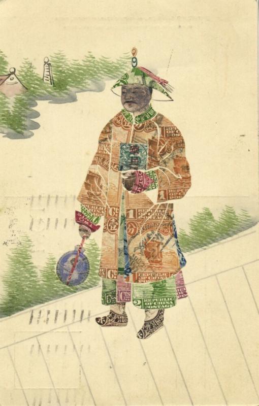 china, Chinese Stamp Collage Man in Traditional Costume (1927) Postcard